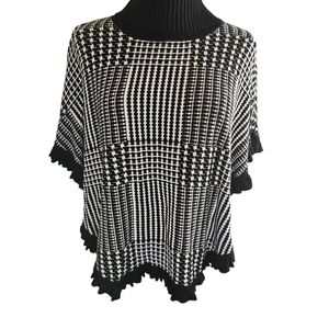 JOSEPH Women Sweater Ruffle Dalman Sleeve Plaid Black White Turtle Neck Sz Small
